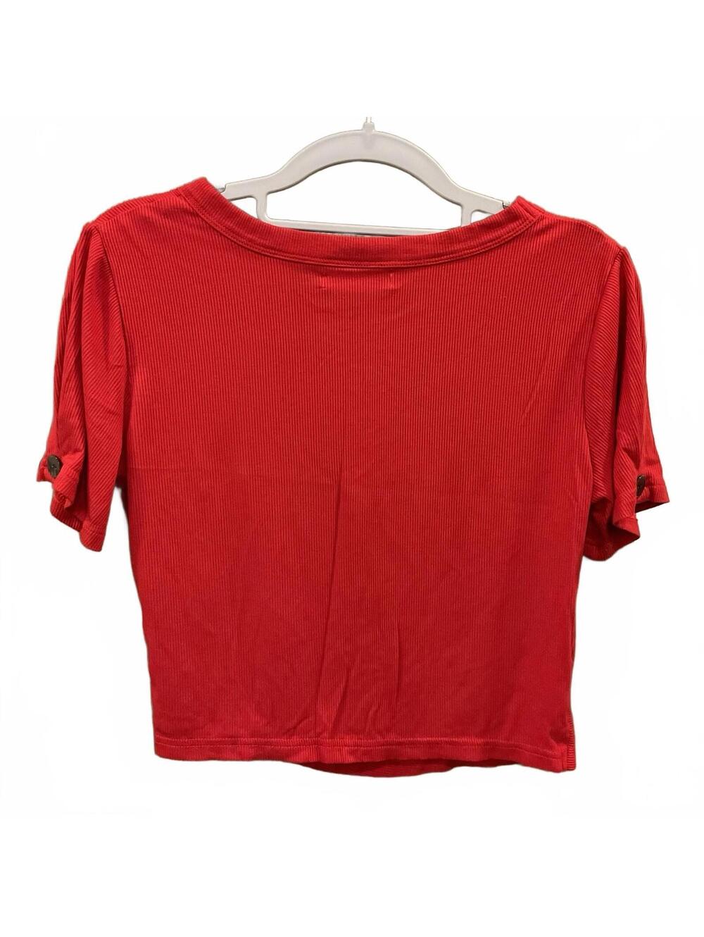Maner Womens Short Sleeve W/ Button Round Neck Ribbed Red Cropped Blouse Size S - Picture 2 of 8
